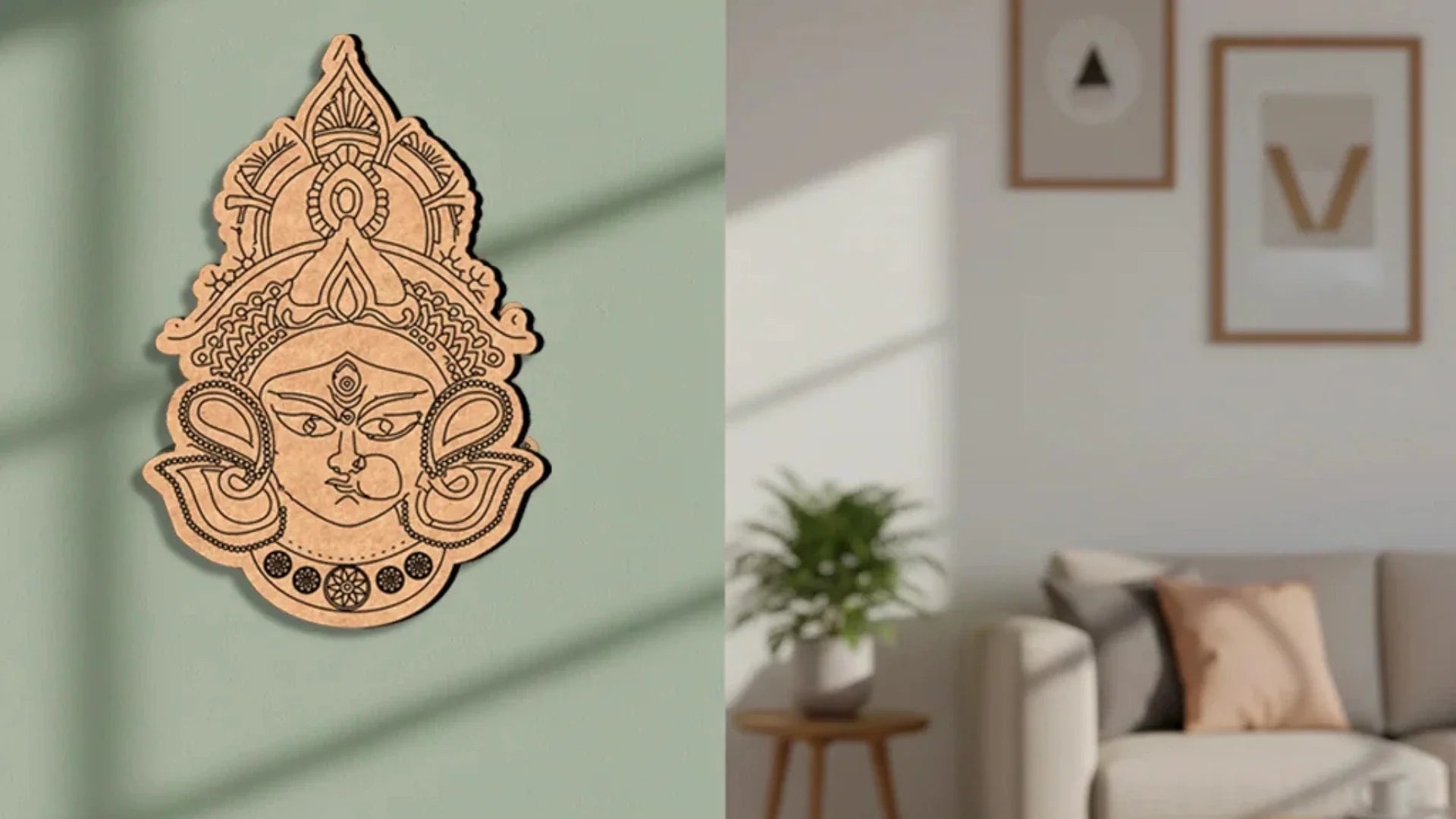Laser-cut MDF Durga face wall art base with detailed engraved design displayed on a modern living room wall, ideal for DIY painting, resin art, and home décor projects.