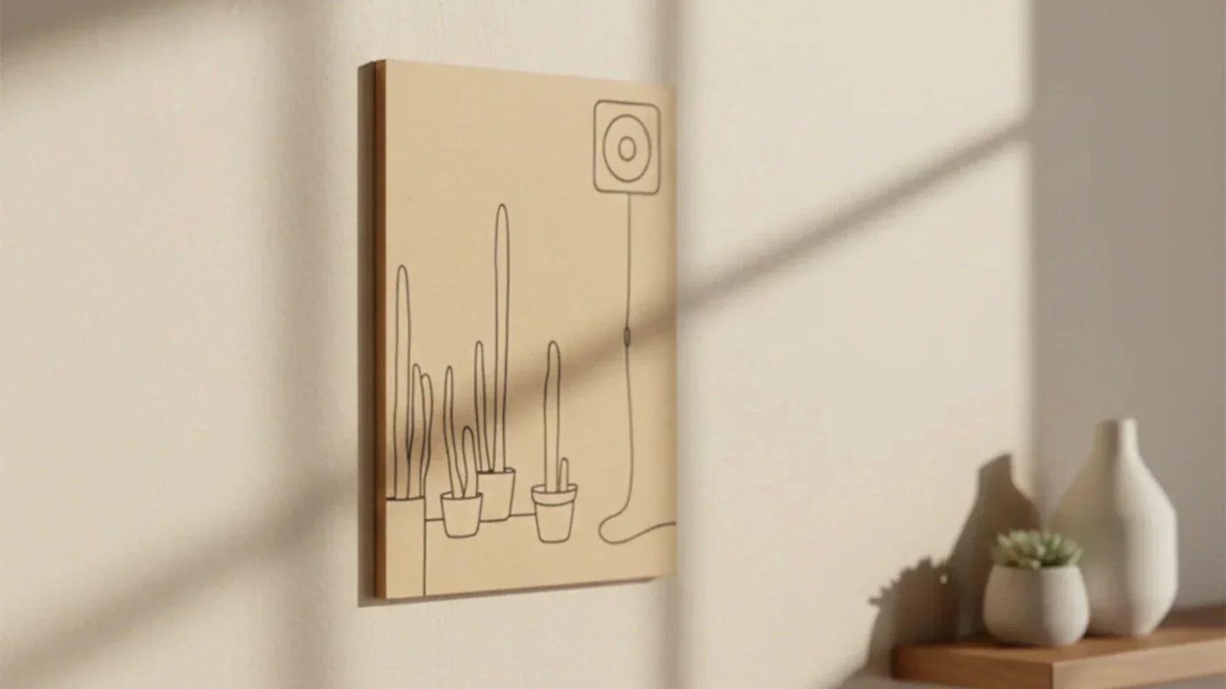 Minimalist MDF wall art with plant line design on a beige wall in soft natural light.