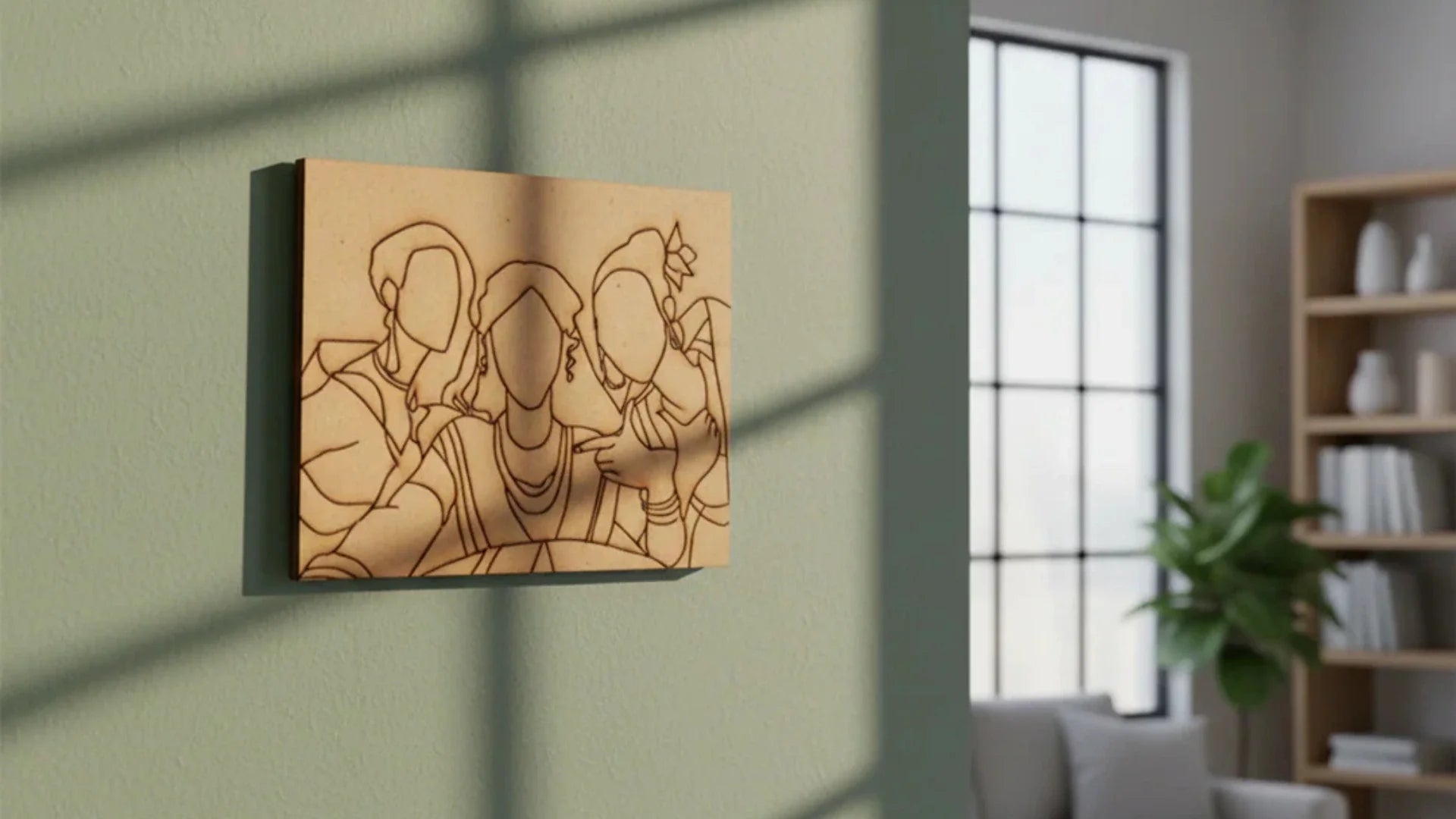 Minimal MDF wall art of traditional Indian women on a sage green wall with soft natural light.