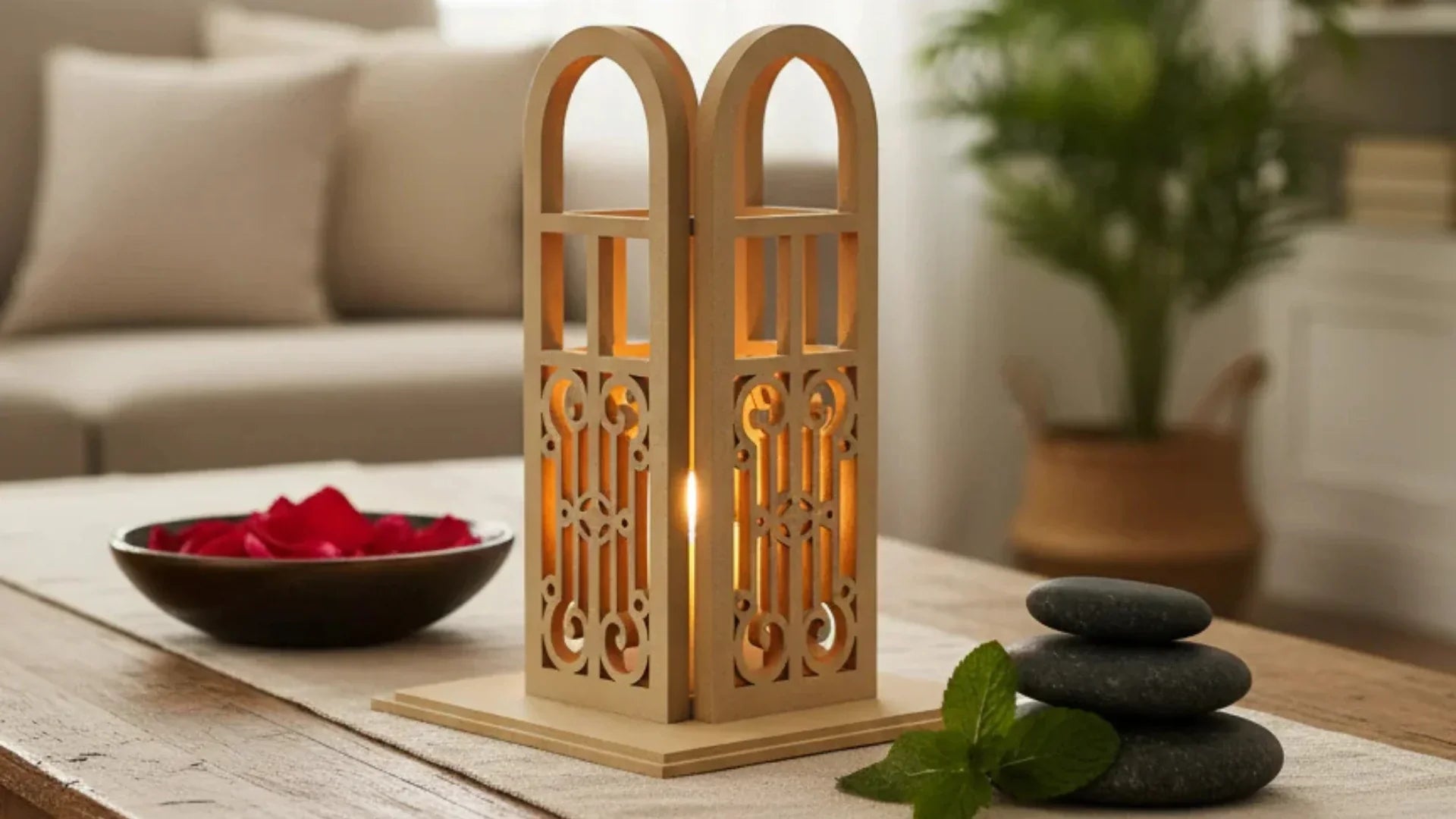 Elegant MDF lantern with intricate cutout design, glowing candlelight, displayed on a wooden table in a cozy living room setting.