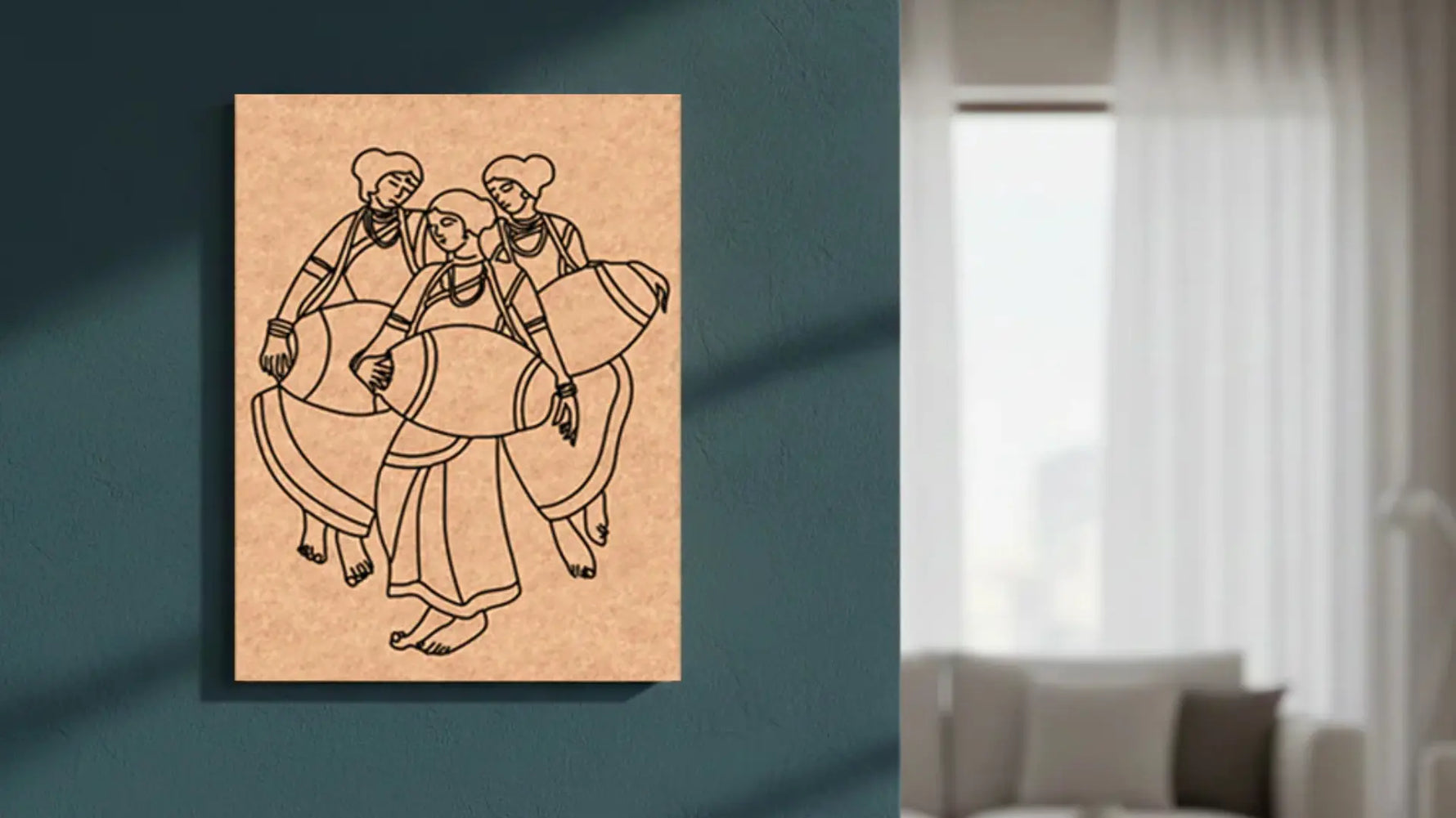 DIY Kalamkari Art MDF wall décor featuring three traditional women design mounted on a dark teal textured wall in a modern luxury living room with soft natural lighting.