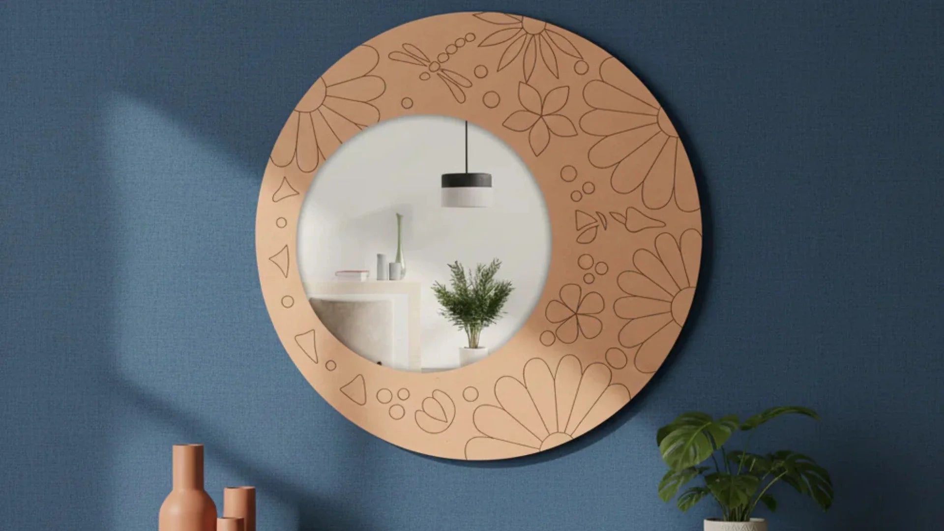DIY MDF Floral Round Mirror Frame with Engraved Pattern on Blue Wall