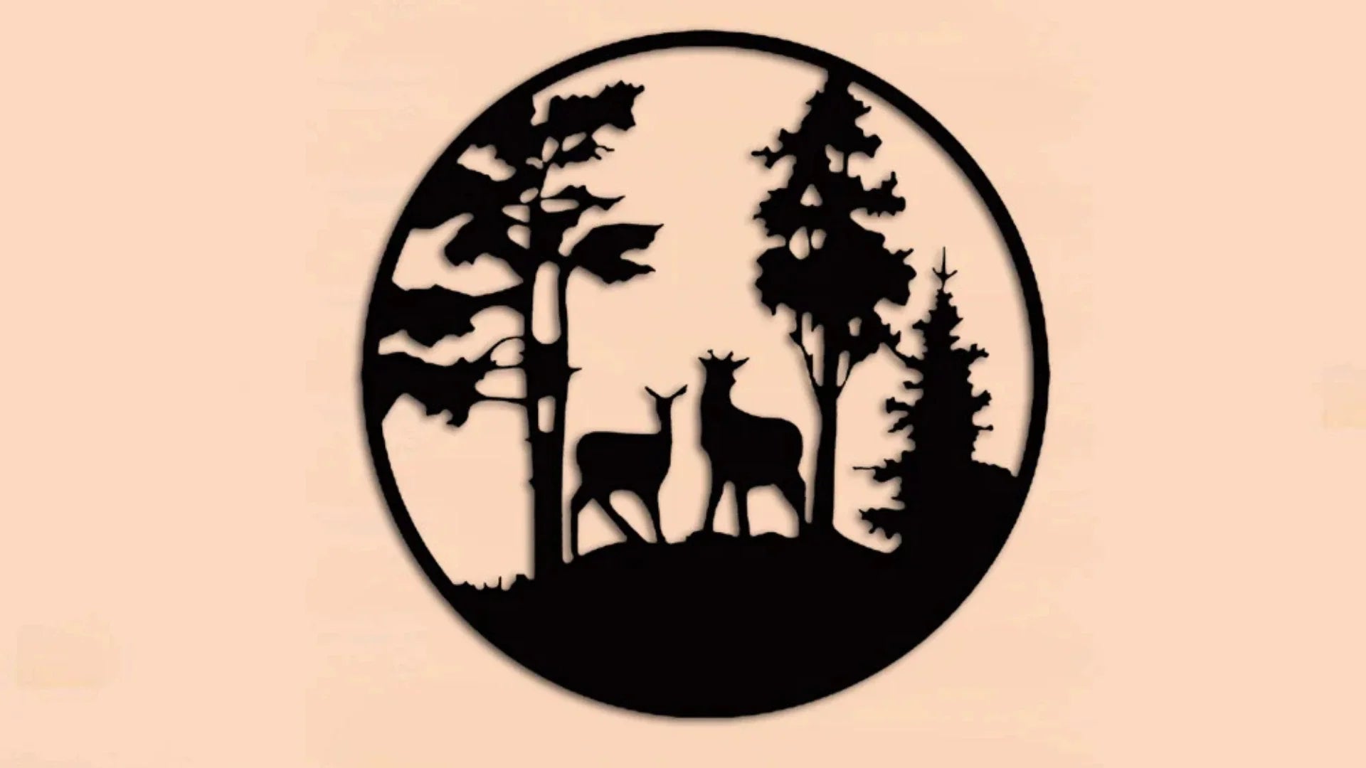 Round MDF wall décor featuring a forest silhouette with two deer standing among tall pine trees, designed for DIY painting, home décor, laser cutting, resin art, and craft projects.