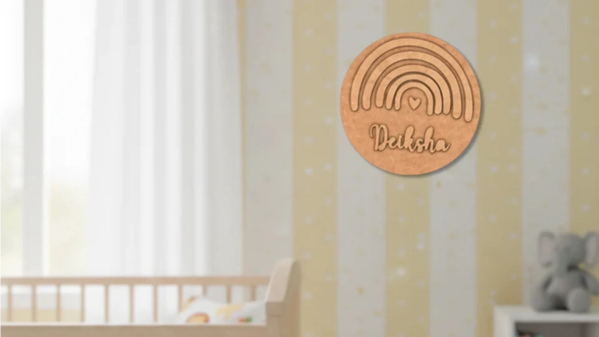 Personalized MDF rainbow name plate for kids room.