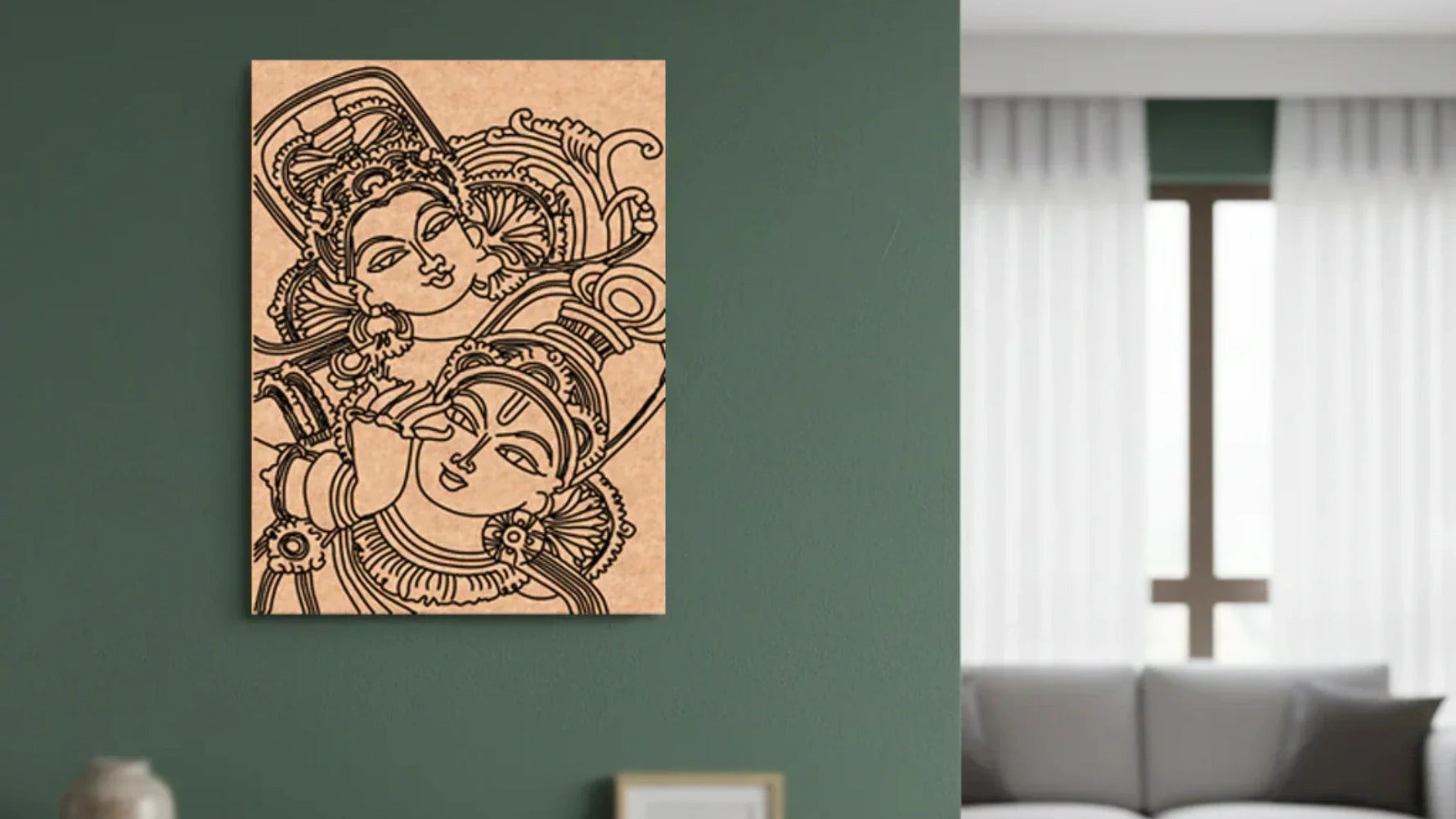 Unpainted MDF Radha Krishna wall art panel with intricate engraved detailing displayed on a modern green living room wall.