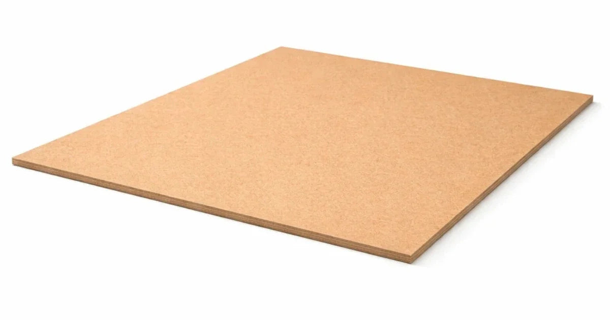 A square MDF DIY  board or panel with a natural light brown textured surface, shown at an angle on a plain white background.