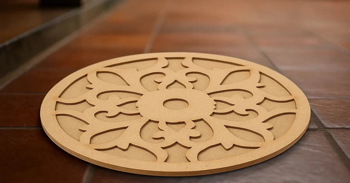 A round, laser-cut MDF DIY decorative mat with an intricate floral mandala pattern, resting on a brown tiled floor.