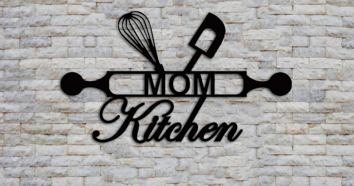 Black MDF Mom Kitchen wall décor cutout with rolling pin, whisk and spatula design.