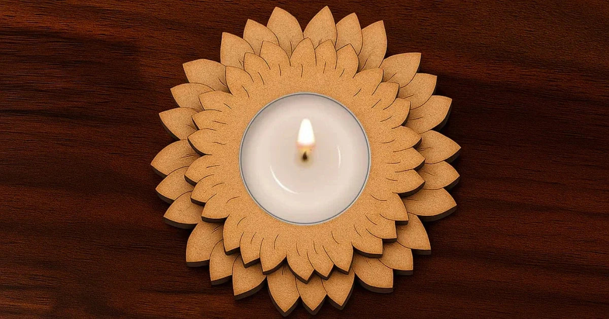 Unpainted floral MDF tealight holder with layered petal design, placed on a dark wooden surface with a lit candle in the center.