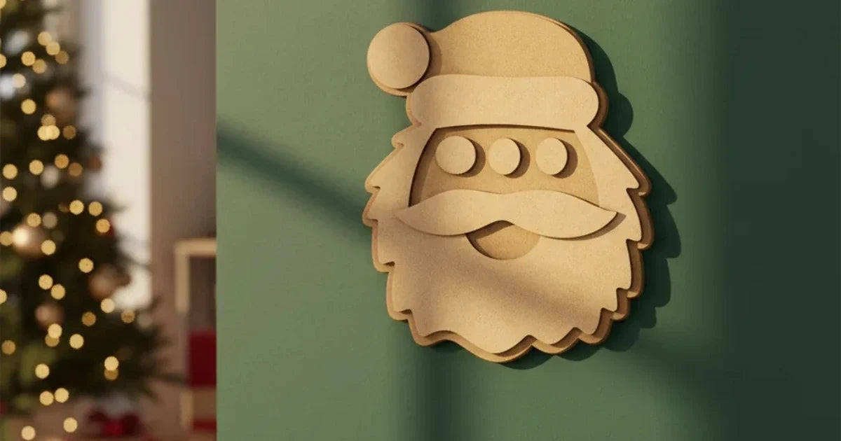 Unfinished MDF Santa Claus face craft base displayed on a green wall, with layered wooden details and a softly lit Christmas tree in the background.