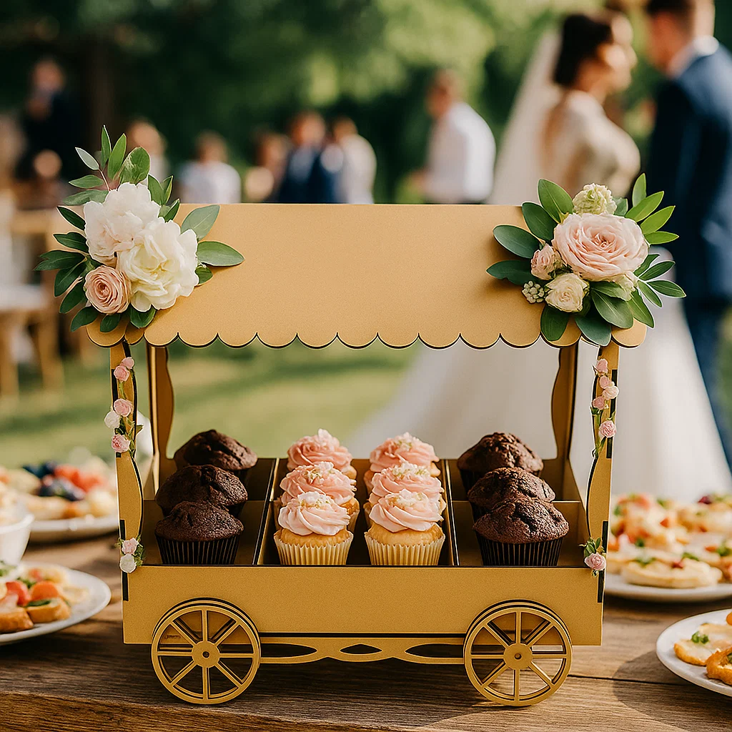 MDF dessert cart with flowers, decorated for wedding dessert table with cupcakes