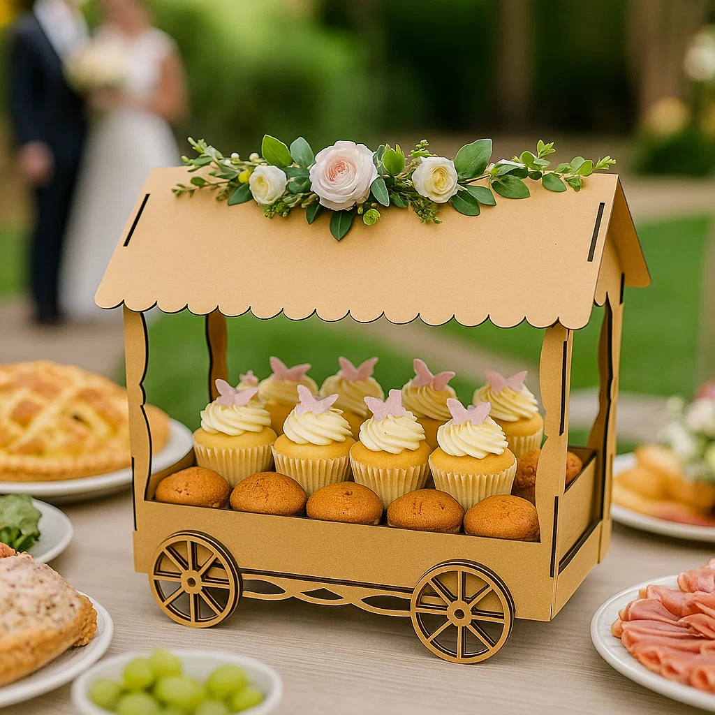 MDF cupcake display cart with decorative flowers, used for wedding or party dessert setup