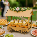 MDF cupcake display cart with decorative flowers, used for wedding or party dessert setup