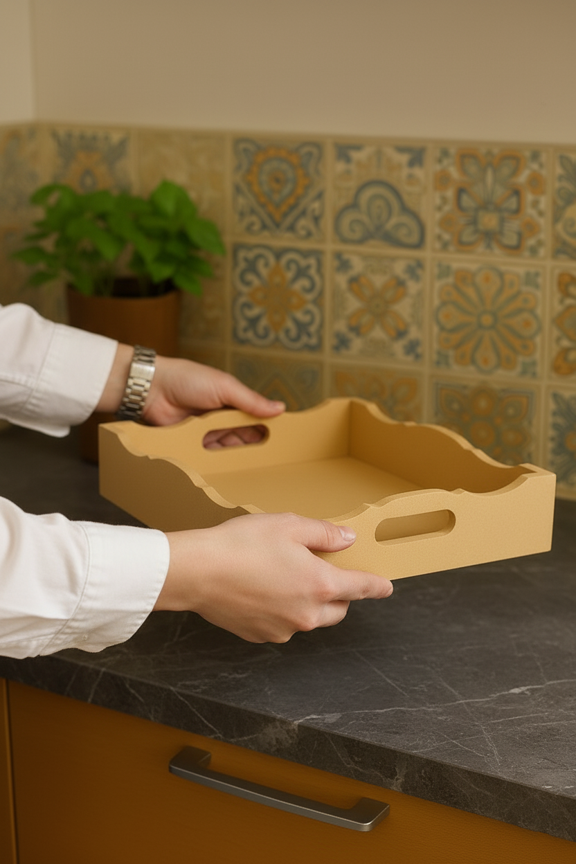 DIY scalloped MDF serving tray with handles on countertop in hand