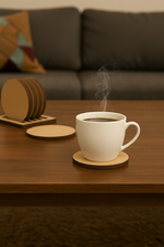 White ceramic coffee cup placed on a round MDF coaster with steam rising, on a wooden table, with a coaster set and sofa in the background.