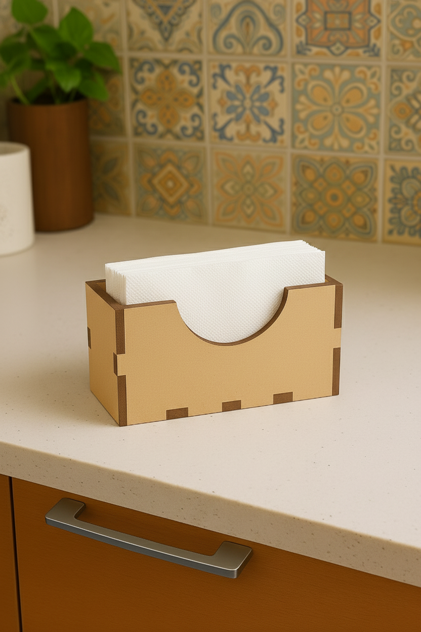 MDF napkin holder with white tissue papers placed on a kitchen countertop, with patterned tiles and a potted plant in the background.