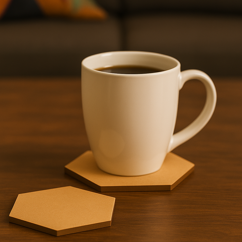 White ceramic coffee cup placed on a hexagonal MDF coaster with another coaster beside it on a wooden table.