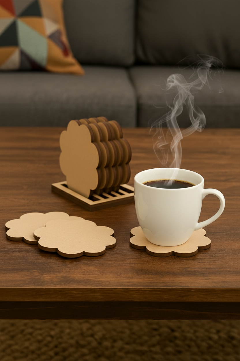 White ceramic coffee cup with steam placed on a flower-shaped MDF coaster