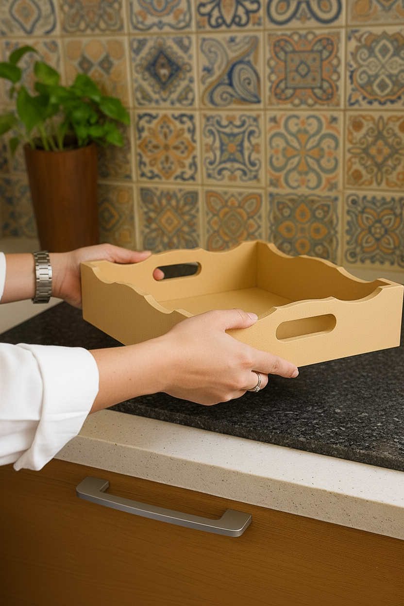 DIY scalloped MDF serving tray with handles in hand