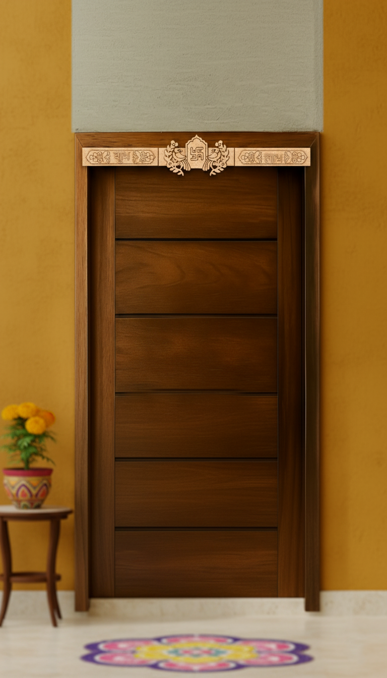 Shubh Labh toran in natural MDF finish installed on wooden door – perfect for minimal and rustic home décor full view