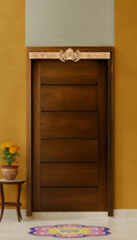 Shubh Labh toran in natural MDF finish installed on wooden door – perfect for minimal and rustic home décor full view