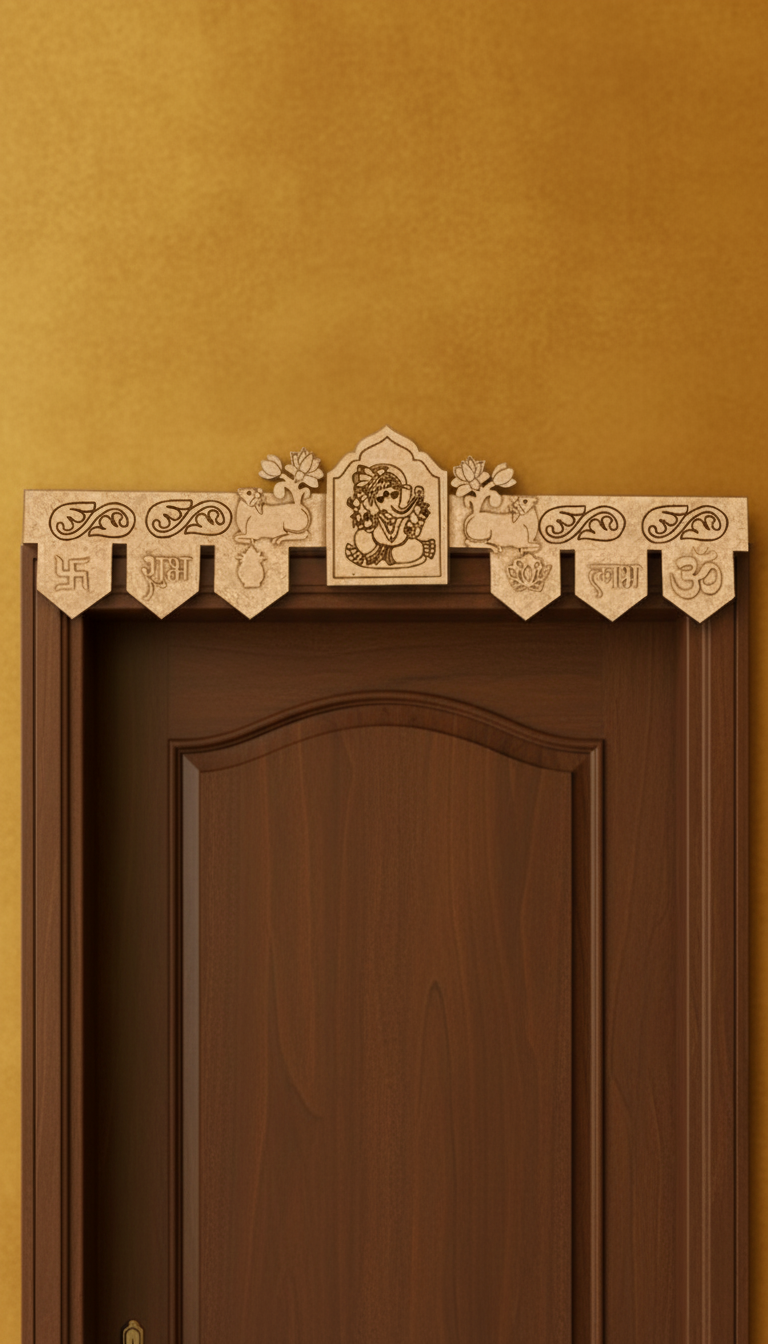 Lord Ganesha engraved MDF toran with Shubh Labh, Swastik, Kalash, and Om symbols – placed on wooden door 