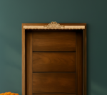 Intricately engraved MDF peacock toran with detailed borders – displayed on wooden door