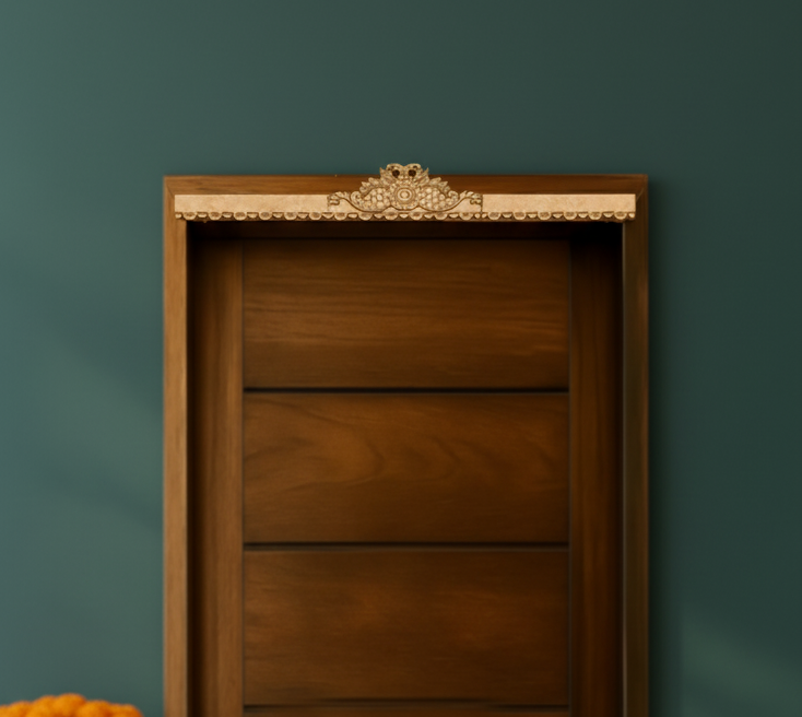 Intricately engraved MDF peacock toran with detailed borders – displayed on wooden door