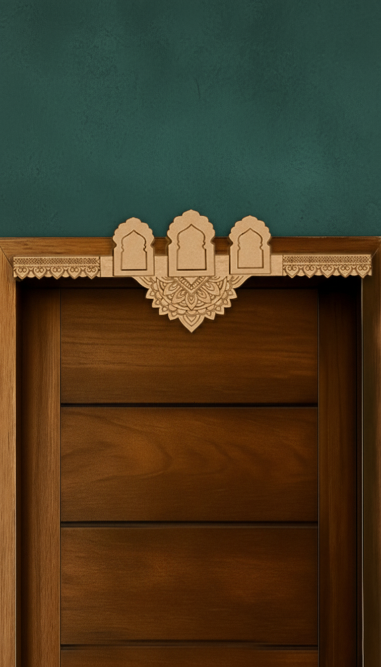 Three-arch mandala MDF toran with engraved centerpiece – displayed on wooden door frame in natural finish