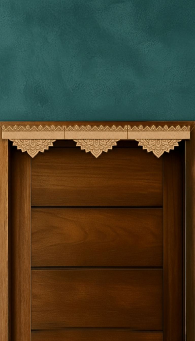 Mandala drop MDF toran with engraved borders – natural wood finish displayed on door frame