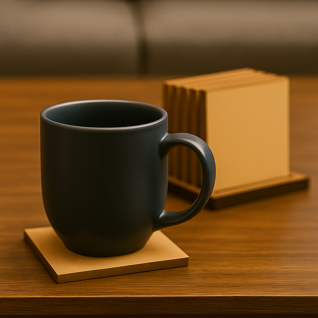 DIY  MDF coaster on cup and table, wih holder