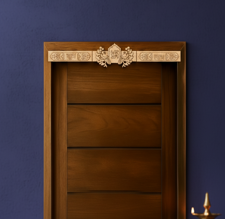 Shubh Labh toran in natural MDF finish installed on wooden door – perfect for minimal and rustic home décor