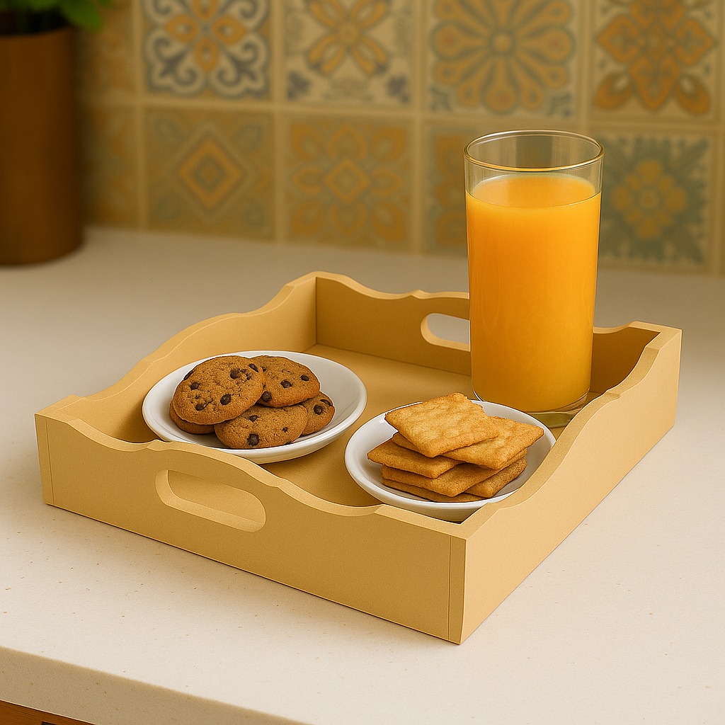 DIY scalloped MDF serving tray with handles on countertop with breakfest