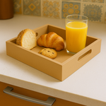 DIY rectangular MDF serving tray with handles on countertop with breakfast