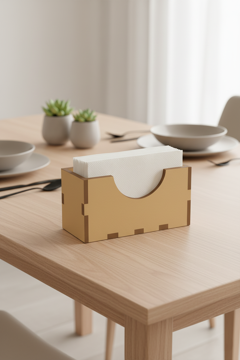 MDF napkin holder with white tissue papers placed on a dining table, surrounded by plates, cutlery, and small potted succulents