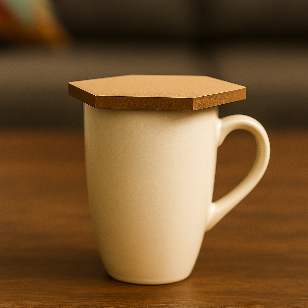 Beige ceramic mug with a hexagonal MDF coaster used as a lid, placed on a wooden table.
