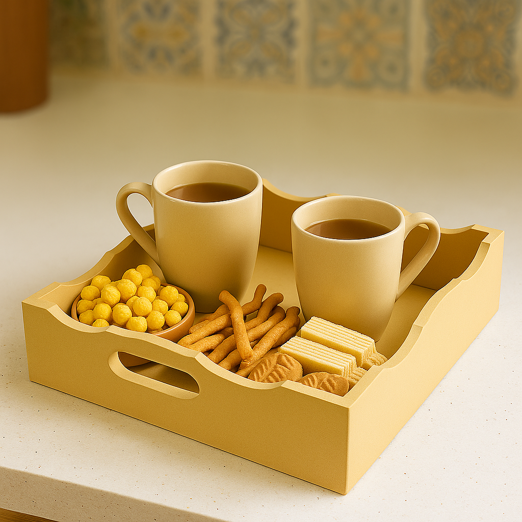 DIY scalloped MDF serving tray with handles with tea breakfast