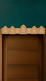 Five-arch MDF toran with symmetrical cut design – displayed on wooden door frame in natural finish.