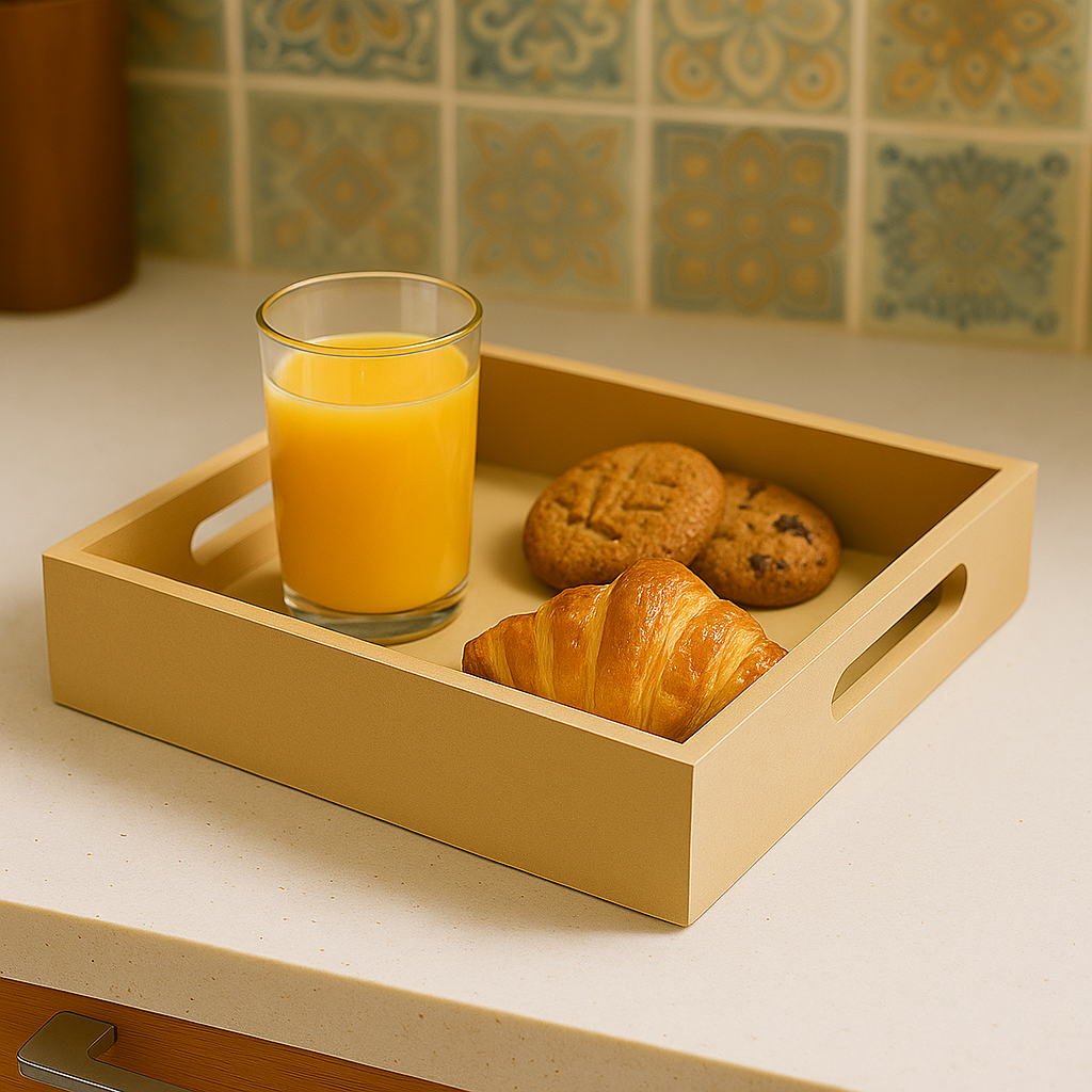 DIY square MDF serving tray with handles on kitchen counter with cookies