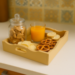 DIY scalloped MDF serving tray with handles on countertop with breakfast