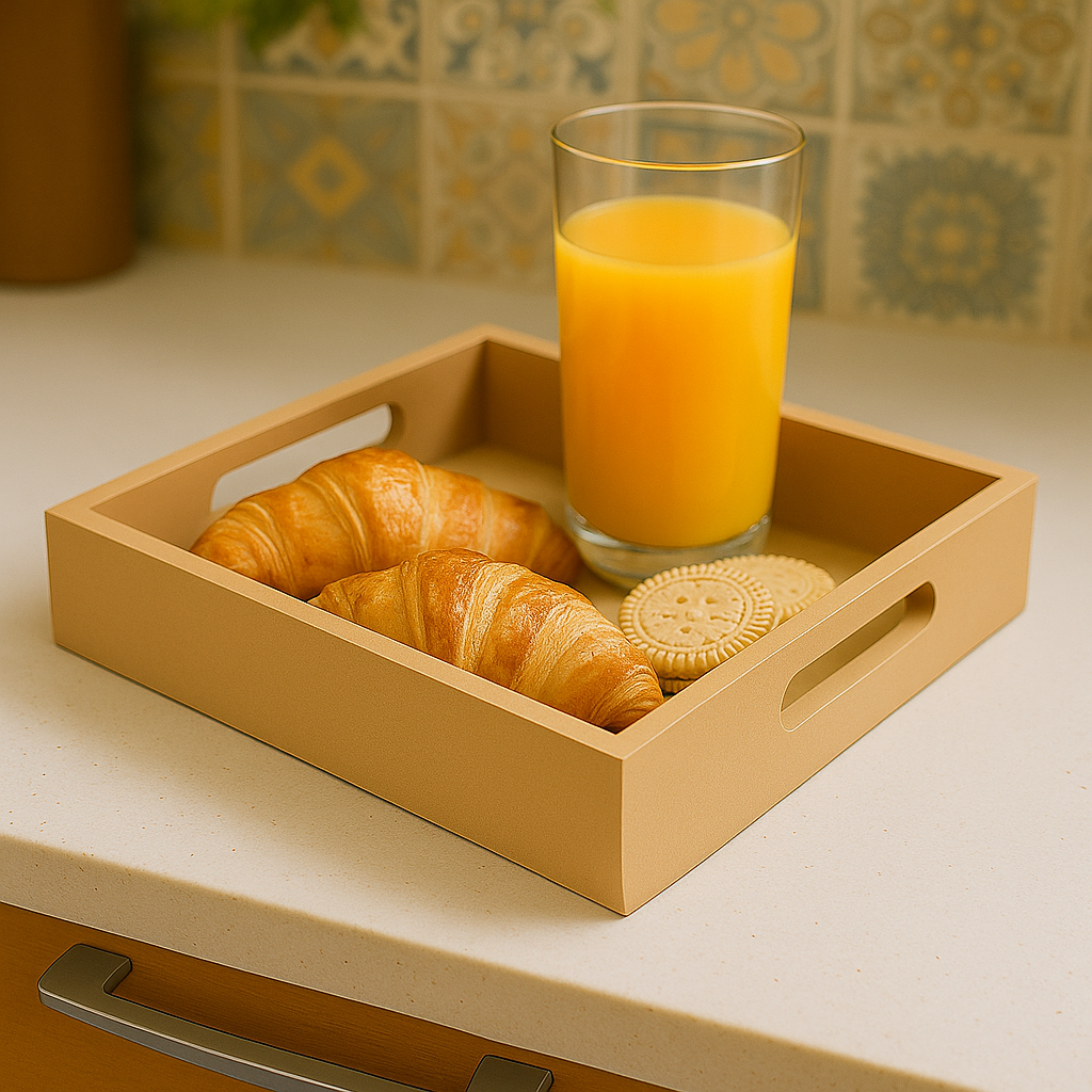 DIY rectangular MDF serving tray with handles on countertop with breakfast