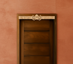 Shubh Labh toran in natural MDF finish installed on wooden door