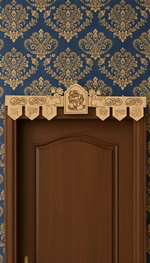 Lord Ganesha engraved MDF toran with Shubh Labh, Swastik, Kalash, and Om symbols – placed on wooden door frame in natural finish.