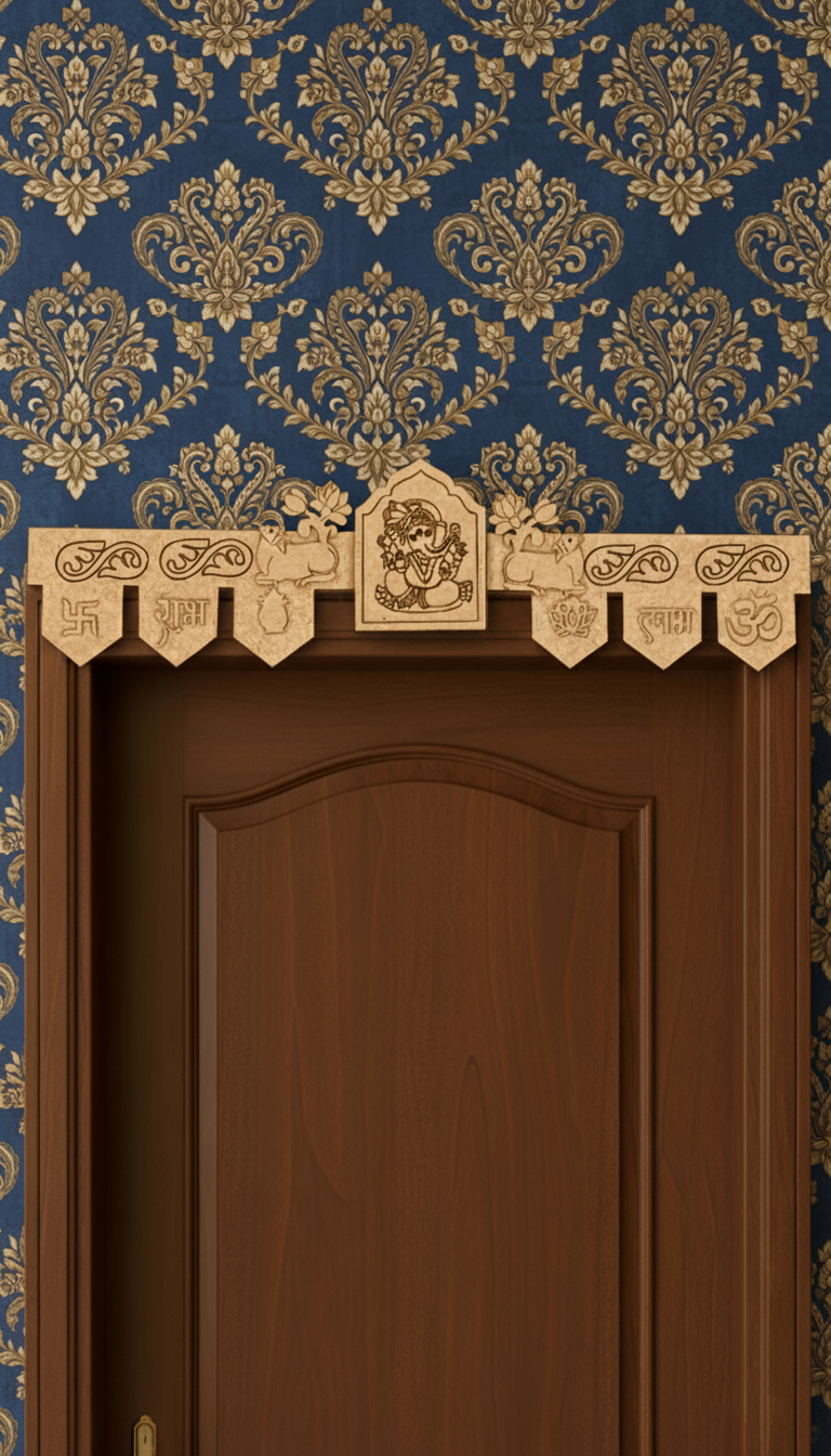 Lord Ganesha engraved MDF toran with Shubh Labh, Swastik, Kalash, and Om symbols – placed on wooden door frame in natural finish.