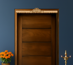 Intricately engraved MDF peacock toran with detailed borders – displayed on wooden door