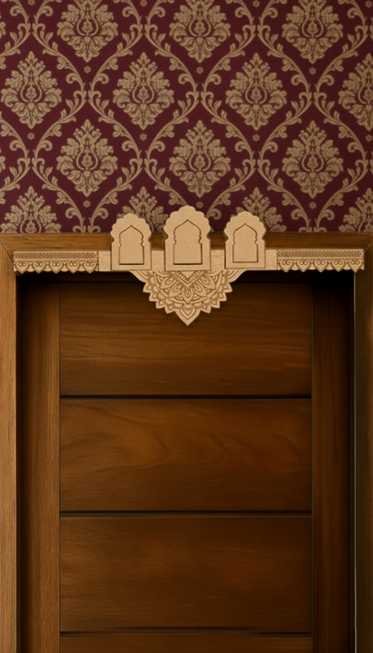 Three-arch mandala MDF toran with engraved centerpiece 