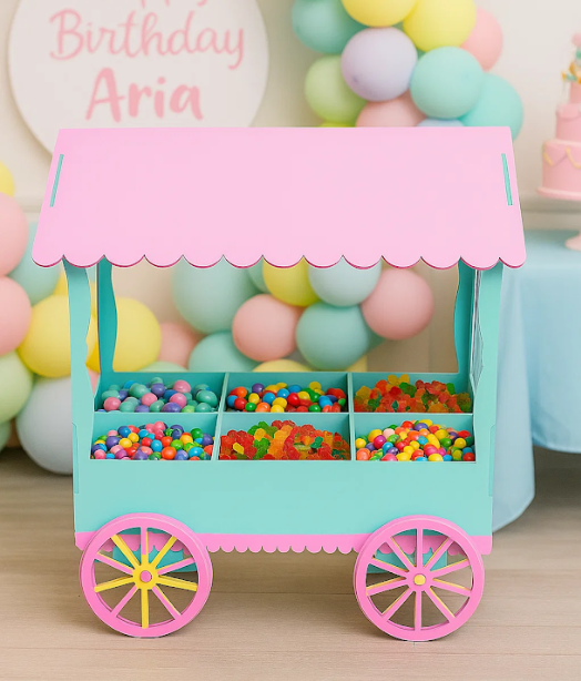 DIY painted MDF candy cart with pastel pink roof and aqua base filled with colorful candies for party decoration