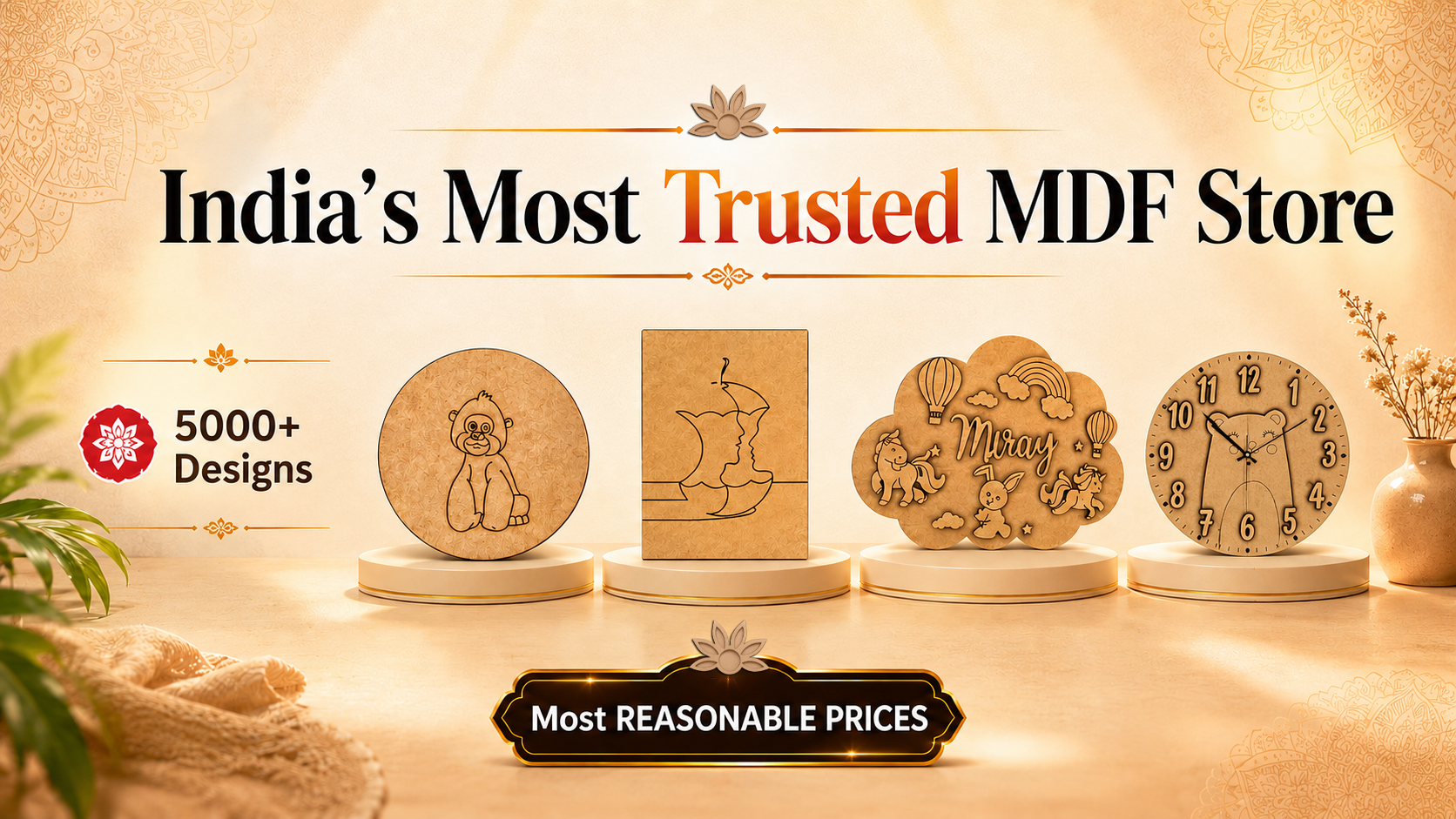 Promotional banner for India's Most Trusted MDF Store with wooden products and text on a warm background.