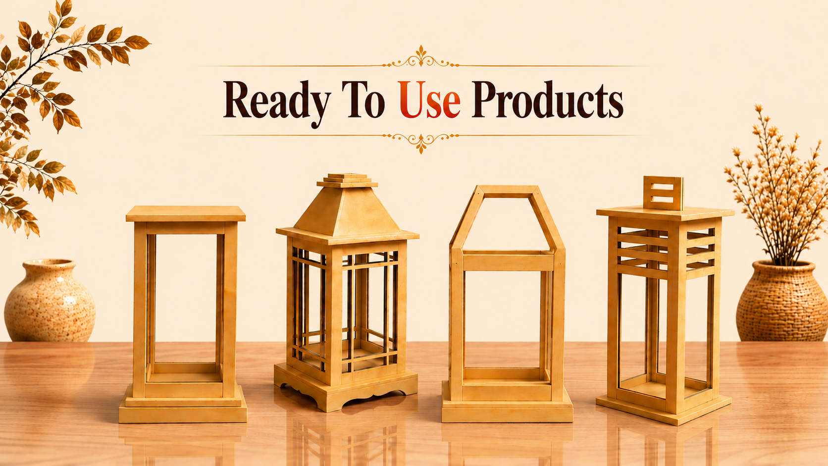 MDF DIY  lanterns on a reflective surface with decorative elements and text 'Ready To Use Products'.
