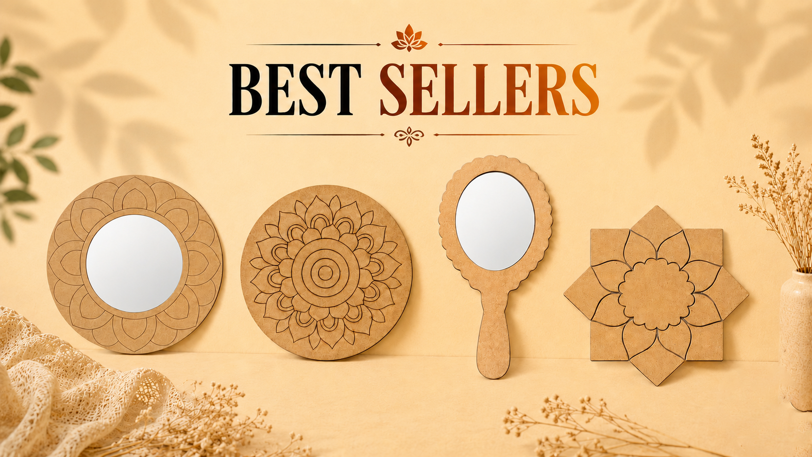 Best selling MDF home decor items featuring decorative wooden mirrors, floral mandala wall art, handheld mirror, and lotus design coaster on a warm beige aesthetic background.